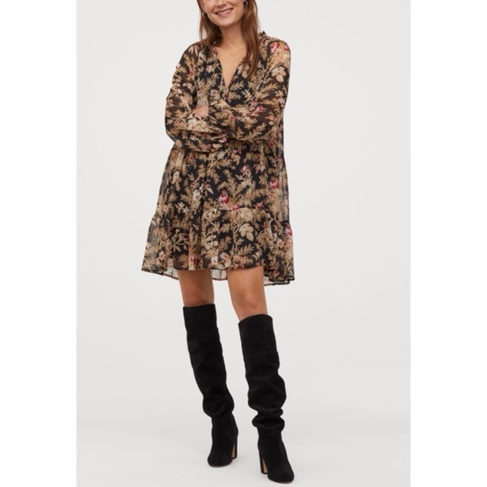 H&M Black Floral Chiffon Mini Dress Romantic Boho‎ Prairie Cottagecore M
